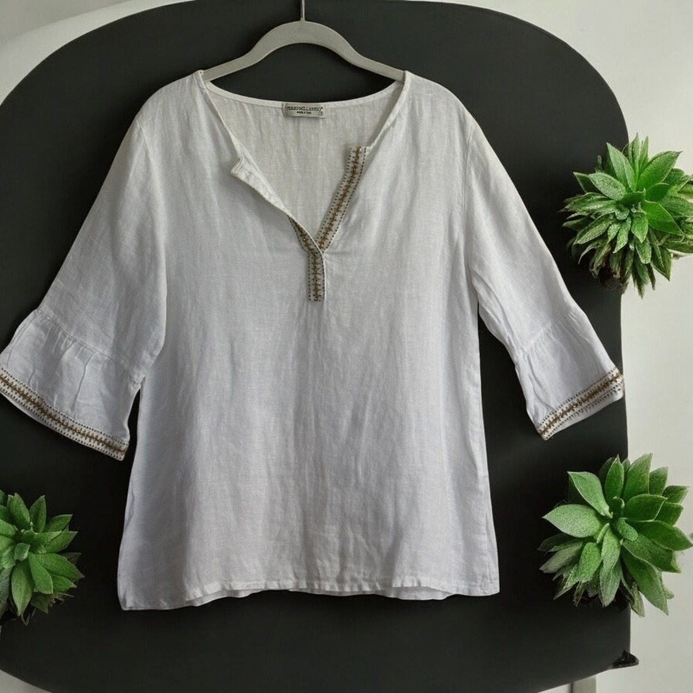 Terzo Millennio Top Size S White 100% Linen V-neck White & Gold Trim Tunic 3/4